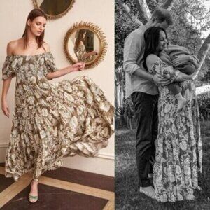 NWT La Ligne Pyper Green White Silk Smocked Meghan Markle Maxi Dress Size S